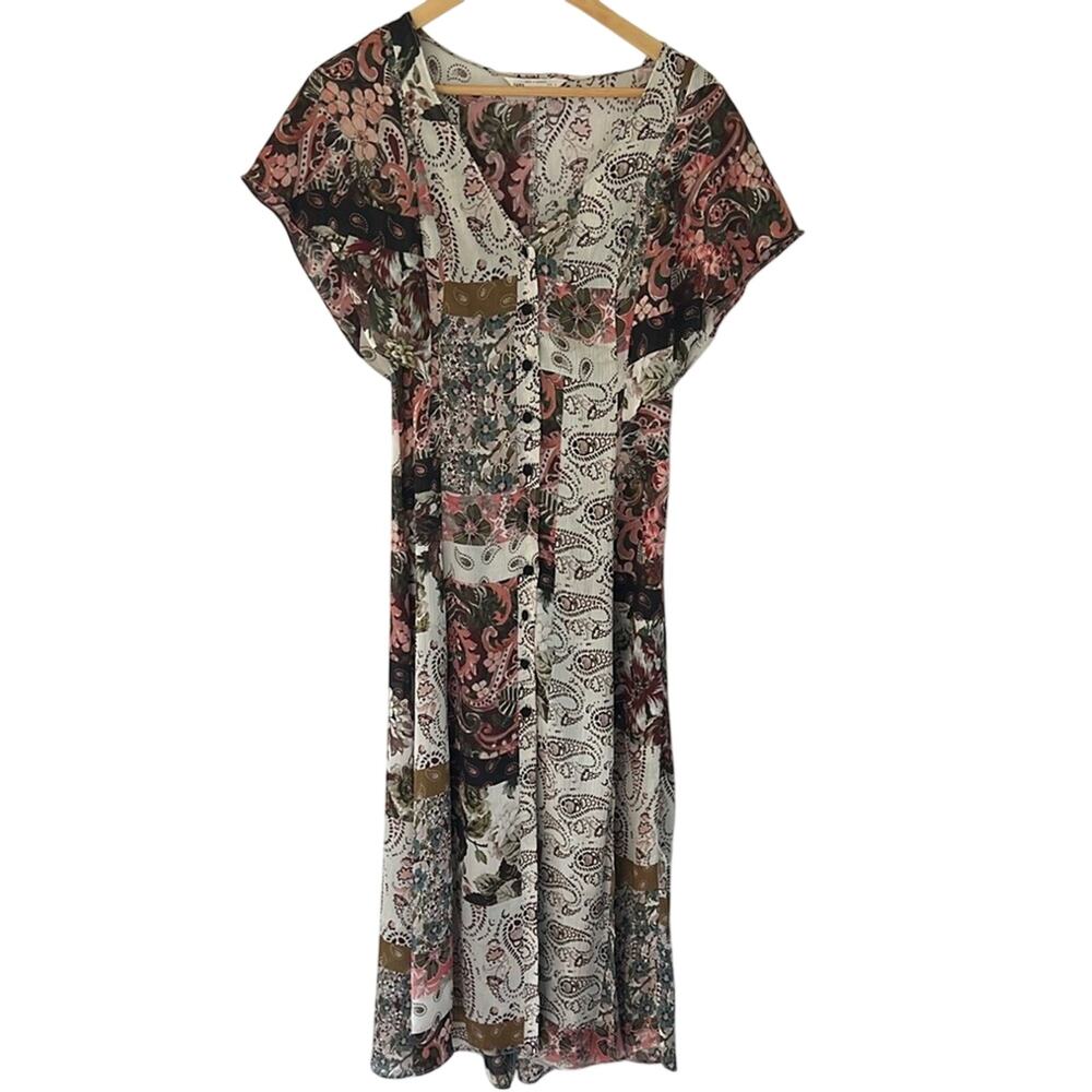 Zara Paisley Patchwork Brown Floral Print  Dress Bohemian Size Small